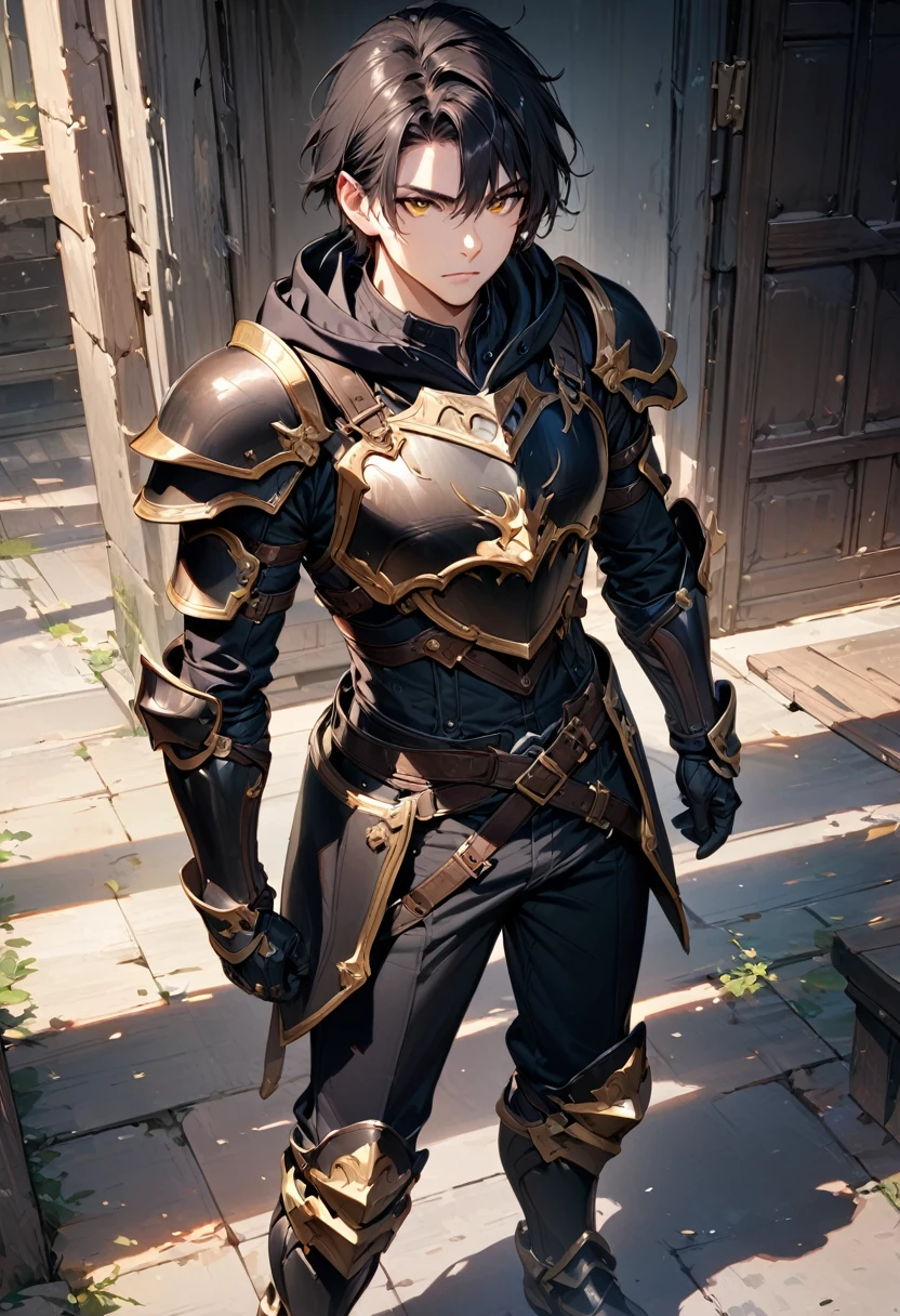 (masterpiece),(best quality),(ultra-detailed),(best illustration),(best shadow),(absurdres),(detailed background),(very aesthetic), 1boy, male-focus, black-hair, solo, armor, yellow-eyes, gauntlets, belt, black-pants, standing, boots, pants, short-hair, full-body, hoodie, armored-boots, breastplate, sheath, hood-down, black-hoodie, closed-mouth, gloves, looking-at-viewer, indoors,