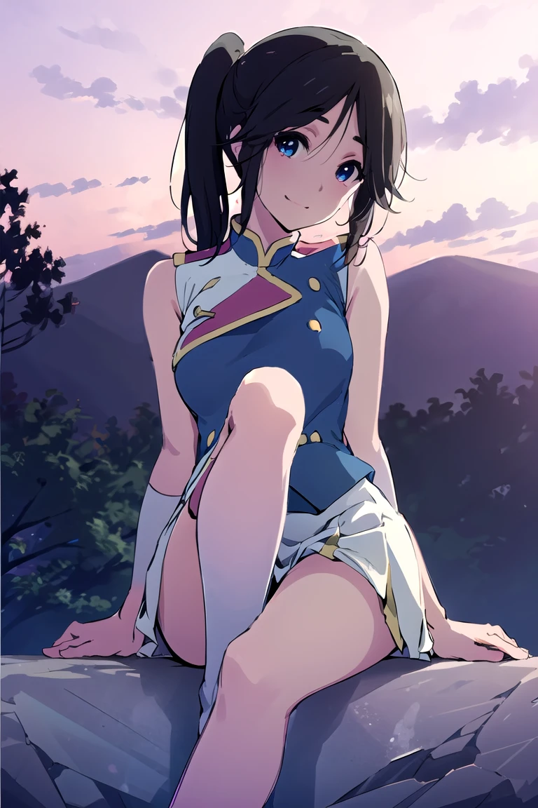 sunfes, uniform, small mini shako cap, kasaki nozomi, ponytail, blue eyes, smile, small breasts,
looking at viewer, looking down, frome below, sleepy eye, smile, teeth, sitting, knee up, presenting toe, foreshortening, foot, legs, thighs,
outdoors, dynamic angle, beautiful purple sunset,
(masterpiece:1.2), best quality, high resolution, unity 8k wallpaper, (illustration:0.8), (beautiful detailed eyes:1.6), extremely detailed face, perfect lighting, extremely detailed CG, (perfect hands, perfect anatomy),
