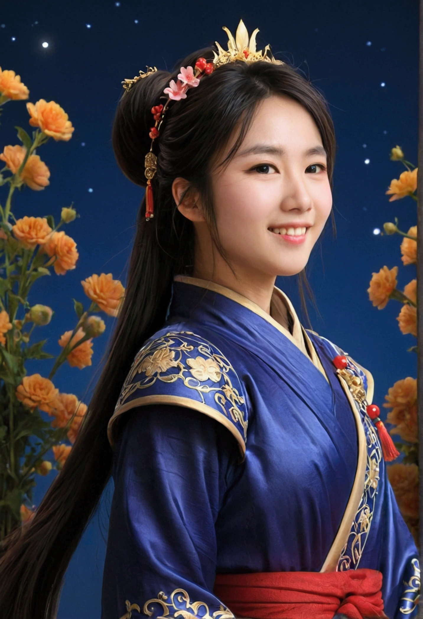 best qualityer, Cao Cao_resolution, distinct_imageio, detailed back ground ,Kizi, random wear,flowers, night sky,dutch angle, wide plan,shy smile, tails,  