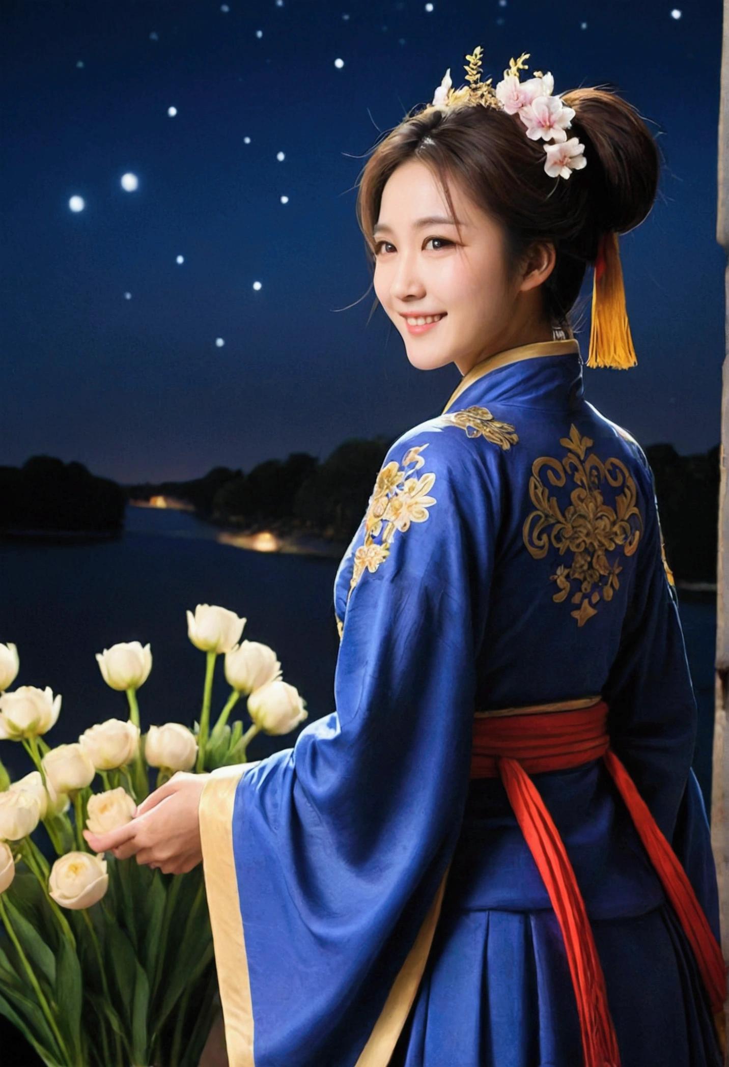 best qualityer, Cao Cao_resolution, distinct_imageio, detailed back ground ,Kizi, random wear,flowers, night sky,dutch angle, wide plan,shy smile, tails,  