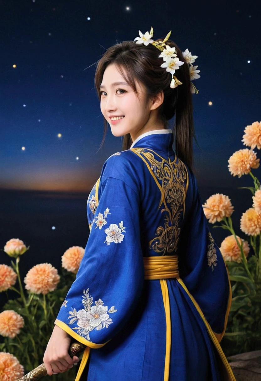 best qualityer, Cao Cao_resolution, distinct_imageio, detailed back ground ,Kizi, random wear,flowers, night sky,dutch angle, wide plan,shy smile, tails,  