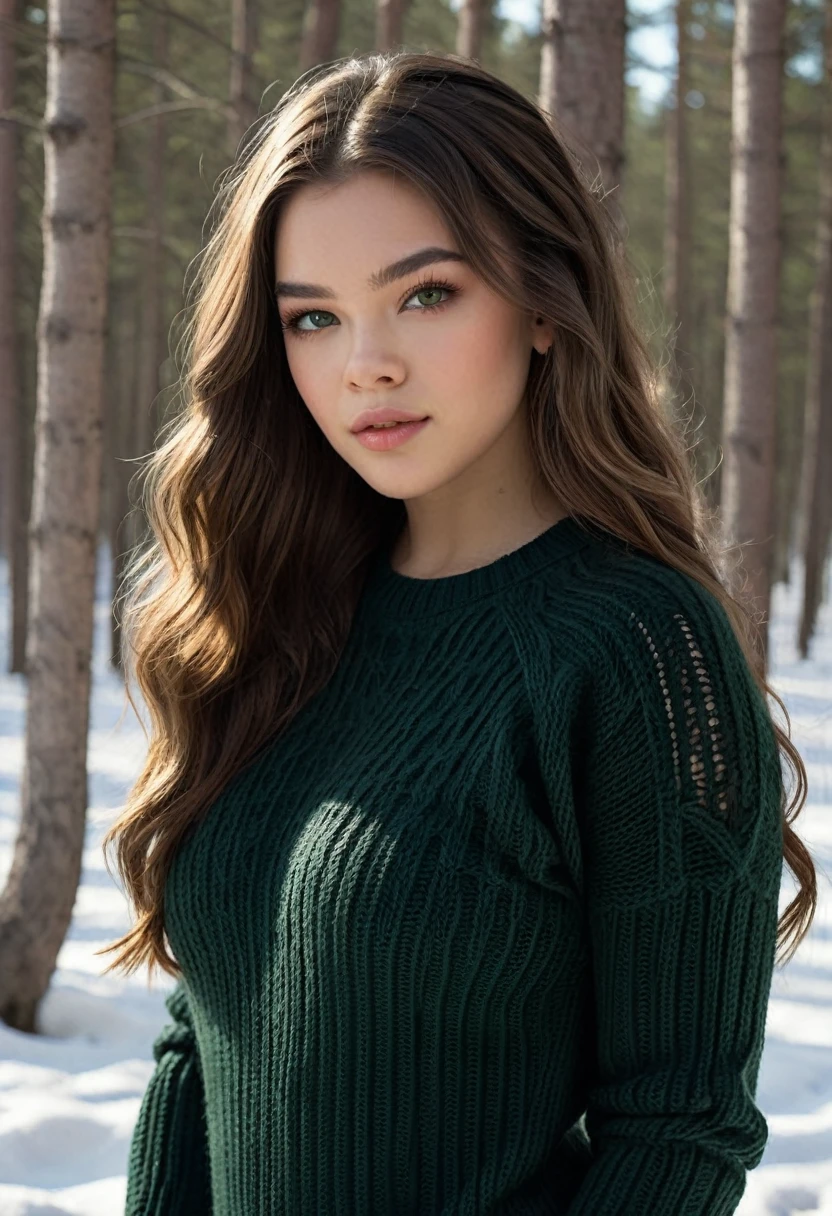 Detailed and realistic photo taken by Mexican., Round green eyes, Long and lush hair,  hailee steinfeld, Shot from outside, black knitted sweater, beautiful big breasts, skin texture, (full body shot:1.3), chapped lips, soft natural lighting, 85mm lens, magic photography, dramatic lighting, photographic realism, ultra detailed, intimate composition, cinestill 800t, ((((scientific view)))), calming tones, Contour lighting, winter forest background