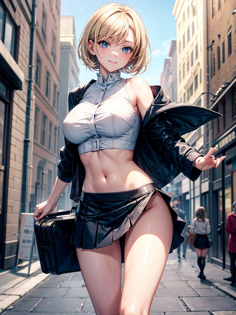 Anime style, super fine illustration, highly detailed, beautiful detailed, pale tone image, static representation, gentle expression, 8k, pretty 1girl with blonde straight short hair & blue eyes & a bright smile & full bust & slim waist & nipples & soft fair skin is wearing big white business shart & black tight skirt & 1business bag, on the business building street, in the morning, brilliant particles of lights, romantic stories, solo, perfect 5fingers, perfect arms, perfect legs, masterpiece.