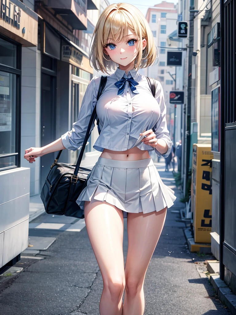 Anime style, super fine illustration, highly detailed, beautiful detailed, pale tone image, static representation, gentle expression, 8k, pretty 1girl with blonde straight short hair & blue eyes & a bright smile & full bust & slim waist & nipples & soft fair skin is wearing big white business shart & black tight skirt & 1business bag, on the business building street, in the morning, brilliant particles of lights, romantic stories, solo, perfect 5fingers, perfect arms, perfect legs, masterpiece.