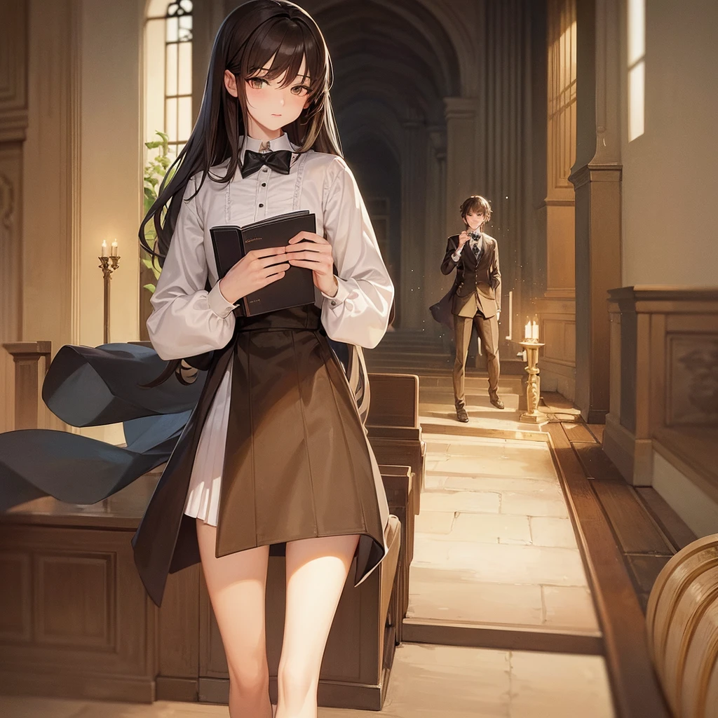 Masterpiece, High quality, High quality of art, best quality, best details, anime artstyle, 2d lineart, ultra detailed, HD, 4k, anime, Mappa art style, 1boy, man, Tall, fluffy dark brown hair, gray-green-brown eyes, cute face, slightly pumped body, Victorian Butler costume, Victorian Bow tie ribbon tie, in church, Exorcist, A little annoyed, he slammed the book shut, Cheekbones are slightly visible, a man