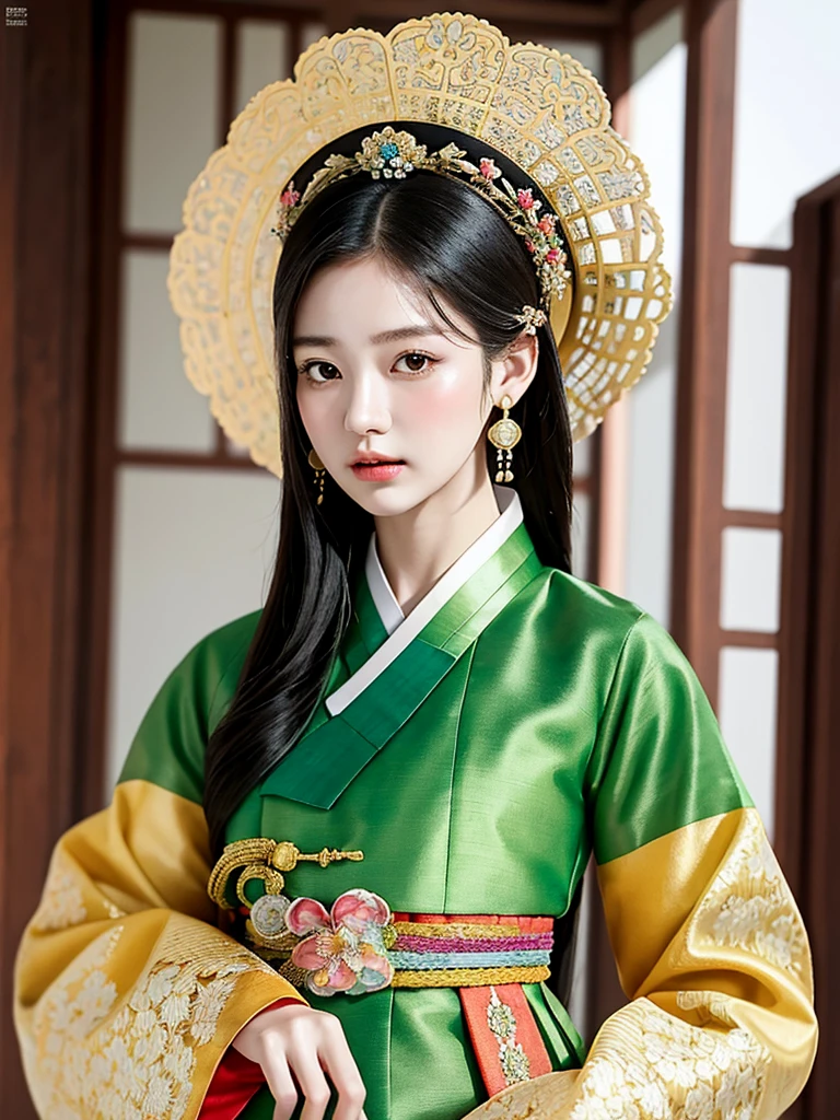 ((word)), Gyeongbokgung, (masterpiece), (detailed), (intricate details), (realistic, realistic:1.37),illustration, very delicate and beautiful, 매우 detailed, CG,unity, 8K wallpapers, amazing, fine details, Extremely fine CG Great unity 8k, 매우 detailed, high resolution, 매우 detailed, 매우 detailed eyes and face, upper body, View viewer, 1 girl, (18 years old), pale skin, black hair, 조랑word 꼬리, hairpin, part, headdress, earring, floral pattern, white hanbok, slim body,