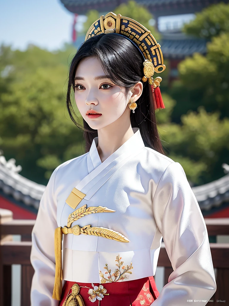 ((word)), Gyeongbokgung, (masterpiece), (detailed), (intricate details), (realistic, realistic:1.37),illustration, very delicate and beautiful, 매우 detailed, CG,unity, 8K wallpapers, amazing, fine details, Extremely fine CG Great unity 8k, 매우 detailed, high resolution, 매우 detailed, 매우 detailed eyes and face, upper body, View viewer, 1 girl, (18 years old), pale skin, black hair, 조랑word 꼬리, hairpin, part, headdress, earring, floral pattern, white hanbok, slim body,