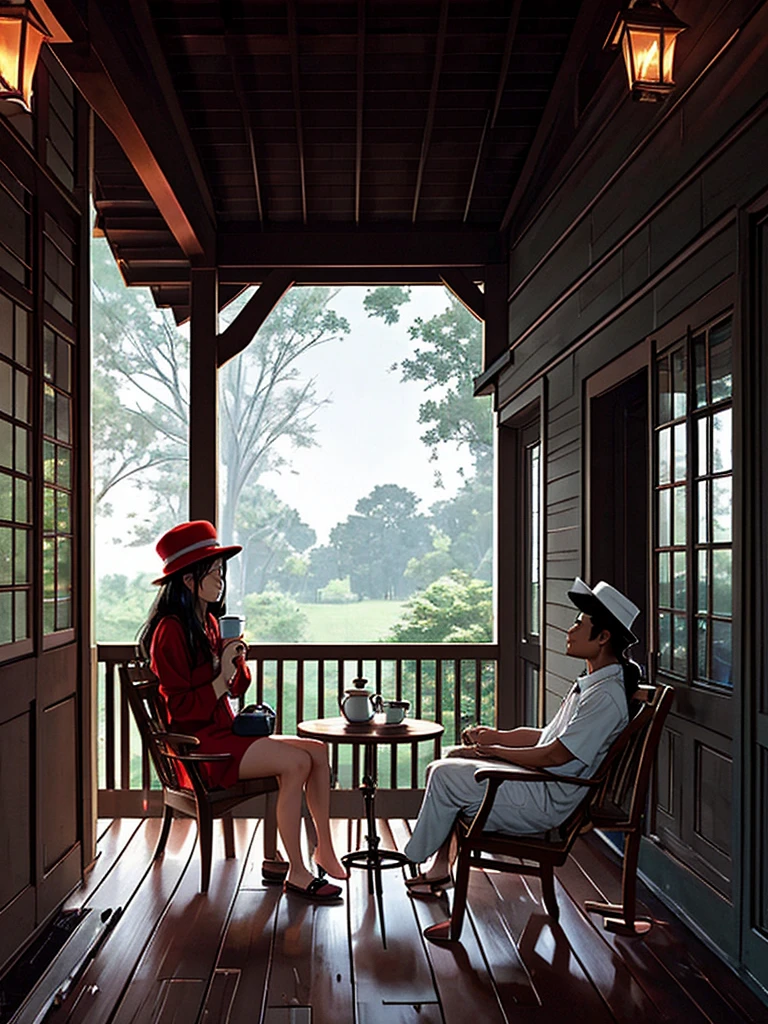 A 30-year-old Indonesian man, oval face, smiling lips, long hair wearing a red hat, sitting alone on a chair on the front porch of the house, both legs straight on the table, 2/3 body position slightly tilted while looking at the beautiful shining stars. the dim light of the porch lamp, the house and front porch are simple not luxurious, even the shabby leather chair looks torn, both hands holding a cup of warm coffee that looks like hot coffee smoke billowing. the dark night atmosphere is only lit by the lights shining around the porch of the house,
