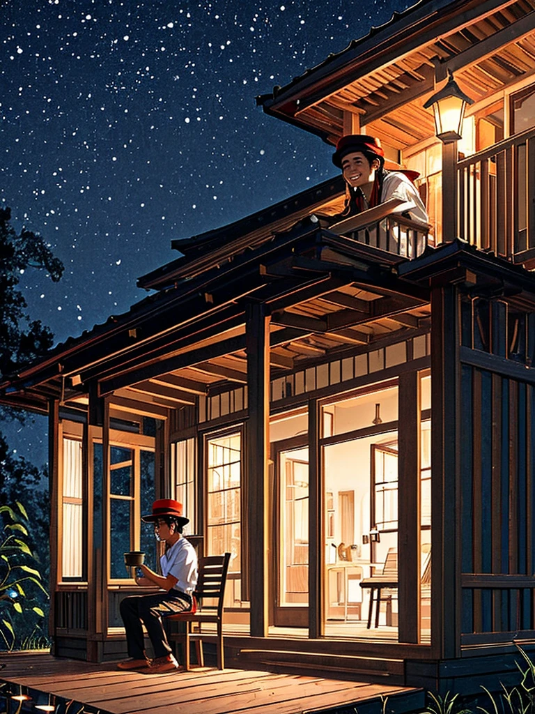 A 30-year-old Indonesian man, oval face, smiling lips, long hair wearing a red hat, sitting alone on a chair on the front porch of the house, both legs straight on the table, 2/3 body position slightly tilted while looking at the beautiful shining stars. the dim light of the porch lamp, the house and front porch are simple not luxurious, even the shabby leather chair looks torn, both hands holding a cup of warm coffee that looks like hot coffee smoke billowing. the dark night atmosphere is only lit by the lights shining around the porch of the house,  