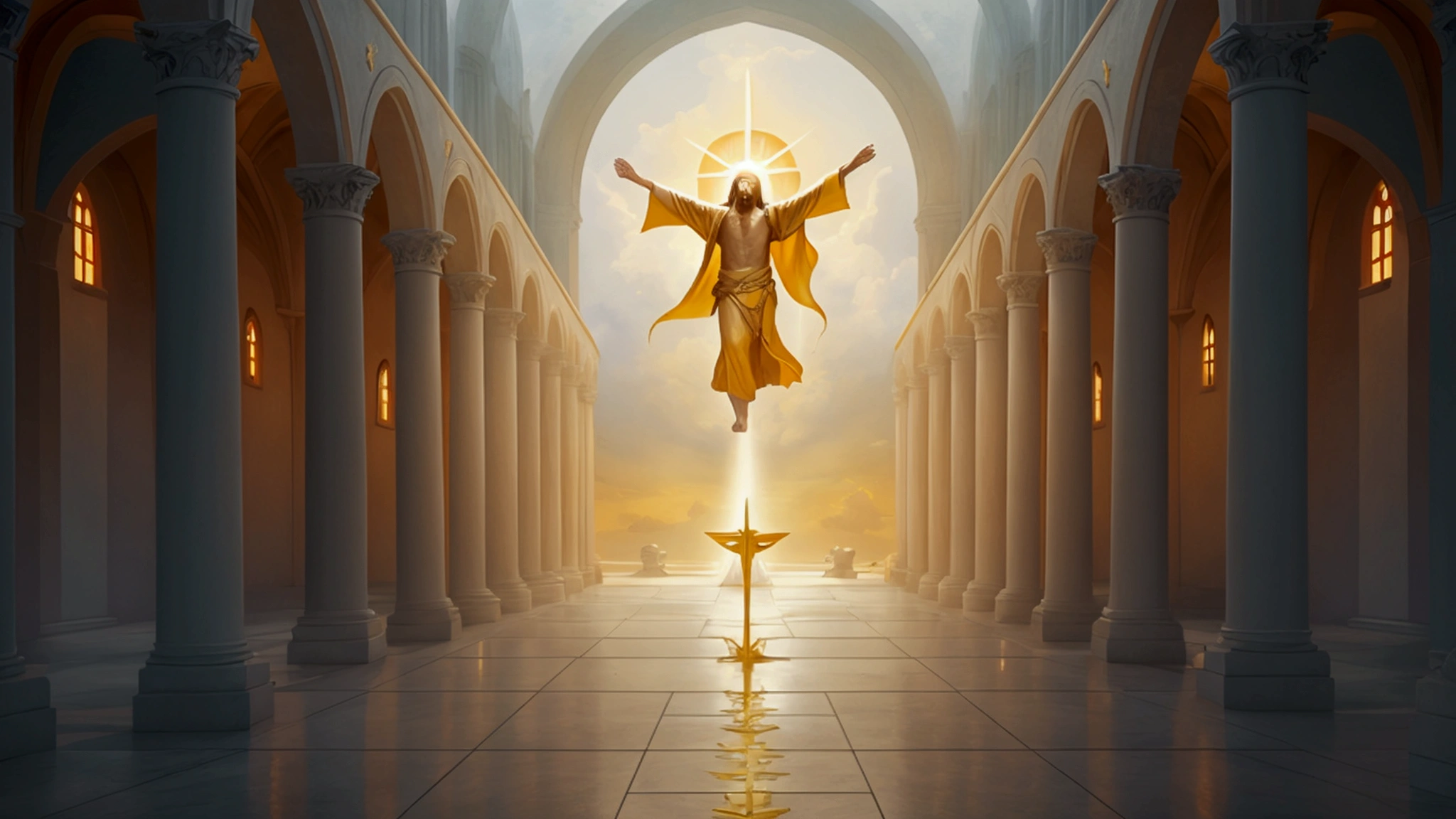 "Description: Illustrate the culmination of the end times with the return of Christ, the final judgment, and the establishment of the new heaven and new earth, according to amillennialist beliefs.

Details: Create a majestic and transformative scene that captures the final events of the end times. Use vibrant and uplifting colors to convey the new creation and the ultimate fulfillment of divine promises. Include:

Christ’s Return: Show the return of Christ in a glorious and triumphant manner, symbolizing the conclusion of the current age and the beginning of the final phase of redemption.
Final Judgment: Depict the final judgment as a divine and solemn event, with scenes of accountability and grace. Illustrate the separation of the righteous and the wicked, emphasizing the justice and mercy of God.
New Creation: Illustrate the new heaven and new earth as a place of unparalleled beauty and harmony. Show scenes of a restored and renewed world, filled with light, peace, and divine presence. Highlight the transformative nature of this new creation, reflecting the fulfillment of God's ultimate plan."