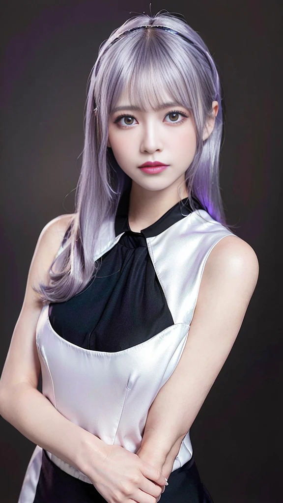 One girl,Beautiful vintage colors, Instagram (photoRealistic, High resolution:1.4), ((Puffy eyes)), View your viewers, , whole body (8k, RAW Photos, Highest quality, masterpiece:1.2), (Realistic, photo-Realistic:1.37),(Sharp focus:1.2), Professional Lighting, Photon Mapping, Radio City, Physically Based Rendering, (Pale skin:1.2),(Small breasts:1.2), View your viewers, (Mid-length hair:1.5), Portraiture, Purple eyes, (Silver Hair:1.1),bangs, (Simple Background:1.4), alone, Upper Body, Realistic,(masterpiece:1.4),(Highest quality:1.4),(Glowing Skin),Fashionable Girl,compensate,smile(skinny,Mouth closed,shy :1.3) ,(Are standing,Black stewardess uniform,Necromancer:1.1),Medium Bust,Sexy pose ,