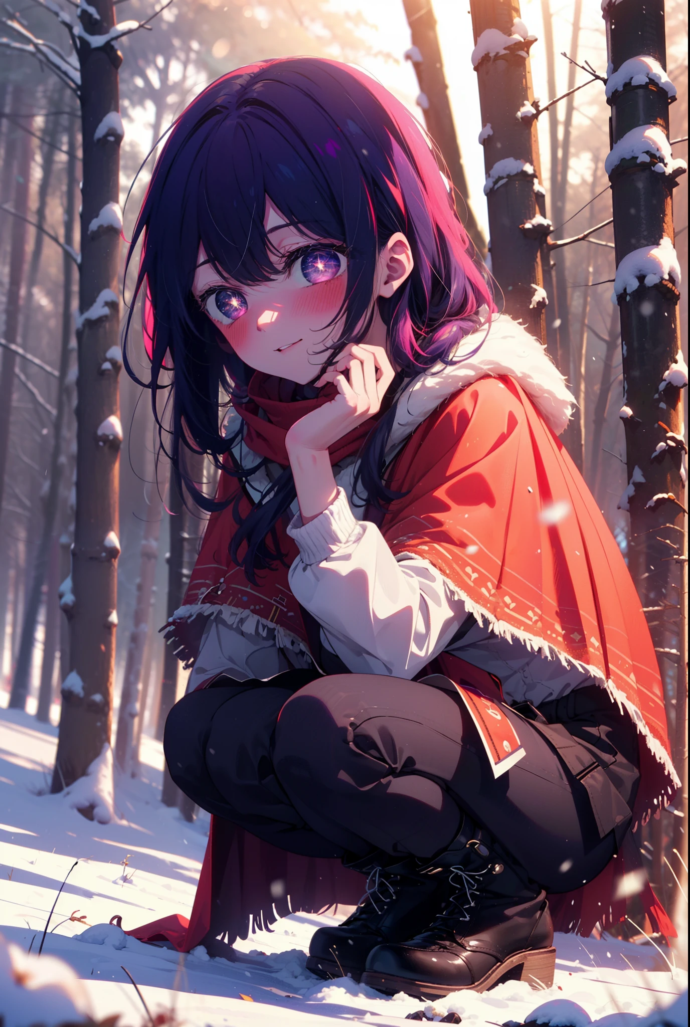 aihoshino, Ai Hoshino, Long Hair, bangs, (Purple eyes:1.1), Purple Hair, (Symbol-shaped pupil:1.5), smile,,smile,blush,white breath,
Open your mouth,snow,Ground bonfire, Outdoor, boots, snowing, From the side, wood, suitcase, Cape, Blurred, , forest, White handbag, nature, Squat, Mouth closed, Cape, winter, Written boundary depth, Black shoes, red Cape break looking at viewer, Upper Body, whole body, break Outdoor, forest, nature, break (masterpiece:1.2), Highest quality, High resolution, unity 8k wallpaper, (shape:0.8), (Beautiful and beautiful eyes:1.6), Highly detailed face, Perfect lighting, Highly detailed CG, (Perfect hands, Perfect Anatomy),