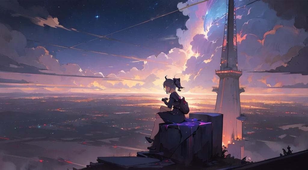 masterpiece,night,(dark alley),star、Night Sky、Overlooking the city、milky way、Back view、octone、
(1 girl), (solo), Knee hugging sitting,acousticguitar