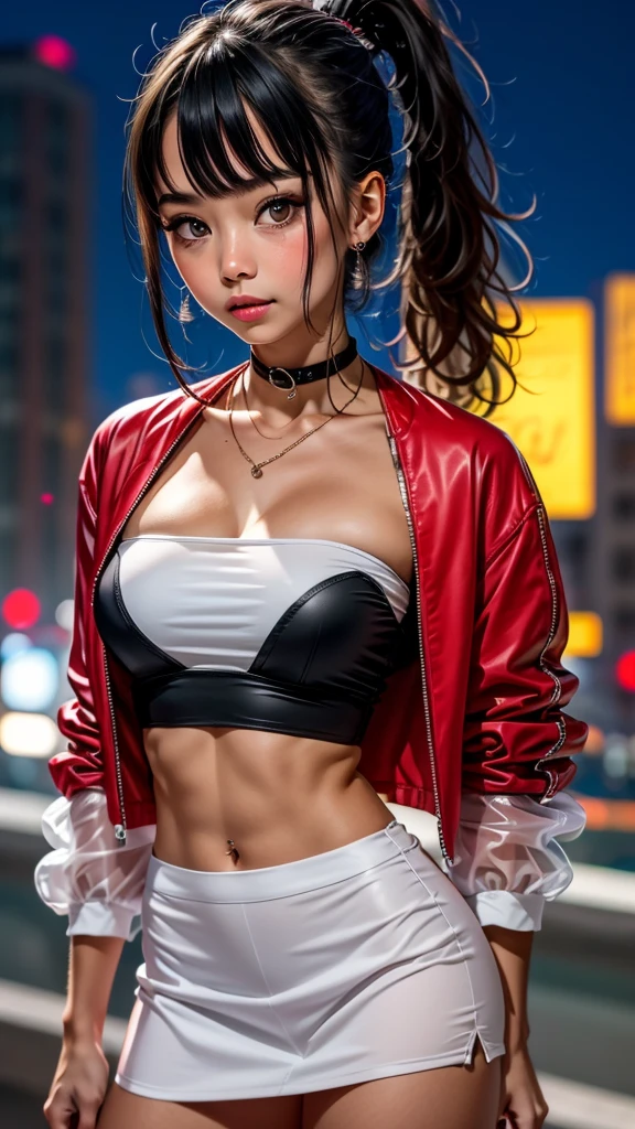 ((1girl)), masterpiece, hyper realistic, teenage asian girl, delicate face, beautiful face, perfect body, slender, ((leaning against the side of a building)), ((hair in ponytail)), (((wearing tight white translucent tube top with red leather mini crop jacket))), ((midriff exposed)), (short torn denim skirt with lacy black panty hose), sunglasses on head, smiling, blowing bubble gum, (night cityscape)