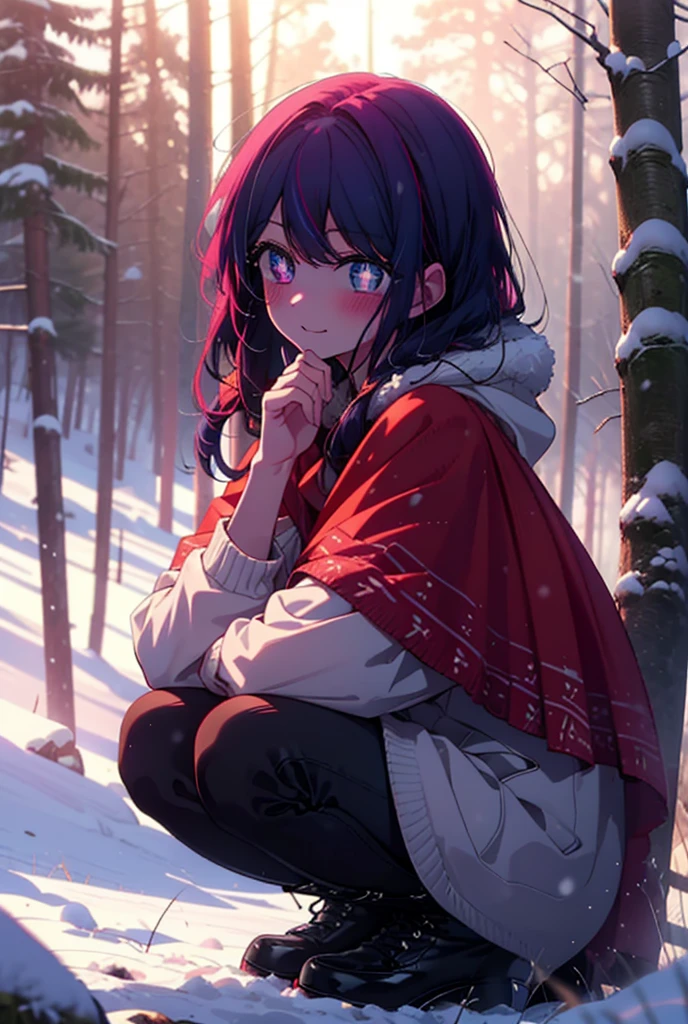 aihoshino, Ai Hoshino, Long Hair, bangs, (Purple eyes:1.1), Purple Hair, (Symbol-shaped pupil:1.5), smile,,smile,blush,white breath,
Open your mouth,snow,Ground bonfire, Outdoor, boots, snowing, From the side, wood, suitcase, Cape, Blurred, , forest, White handbag, nature,  Squat, Mouth closed, Cape, winter, Written boundary depth, Black shoes, red Cape break looking at viewer, Upper Body, whole body, break Outdoor, forest, nature, break (masterpiece:1.2), Highest quality, High resolution, unity 8k wallpaper, (shape:0.8), (Beautiful and beautiful eyes:1.6), Highly detailed face, Perfect lighting, Highly detailed CG, (Perfect hands, Perfect Anatomy),