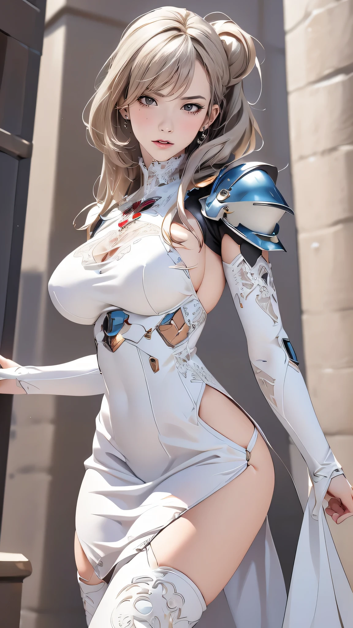 (dynamic fighting pose),(leather boots,(asymmetrical mecha armor),(long embroidered white lace dress,see through,lift up the hem of the dress)),(random hairstyle),(Thin type:1.8),(large breasts),(Highest image quality,(8K), Ultra-realistic, Best Quality, High quality, High Definition, high quality texture, high detailing, Beautiful detailed, fine detailed, extremely details CG, Detailed texture, realistic representation of face, masterpiece, presence)