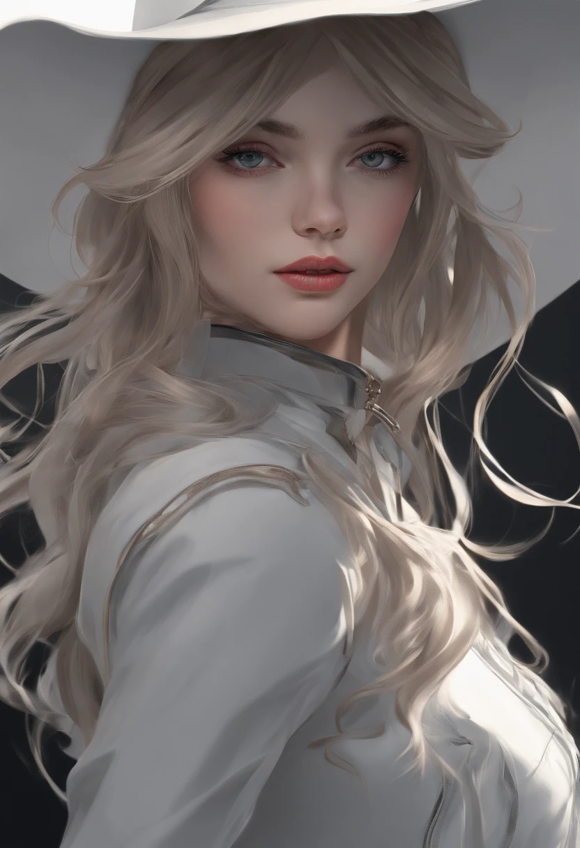 (Front Focus),(In the Dark:1.6), Hyperrealist Female Portrait by David Hockney and Alphonse Mucha,Fantasy art, Photorealistic, Dynamic Lighting, Art Station, Poster, Volumetric lighting, Highly detailed face, 4k yen, Awards,, One girl, In the Dark, Deep Shadow, A modest drawing,Cowboy Shot,(Official attire:1.4) ,Long Hair,Gray Hair,
