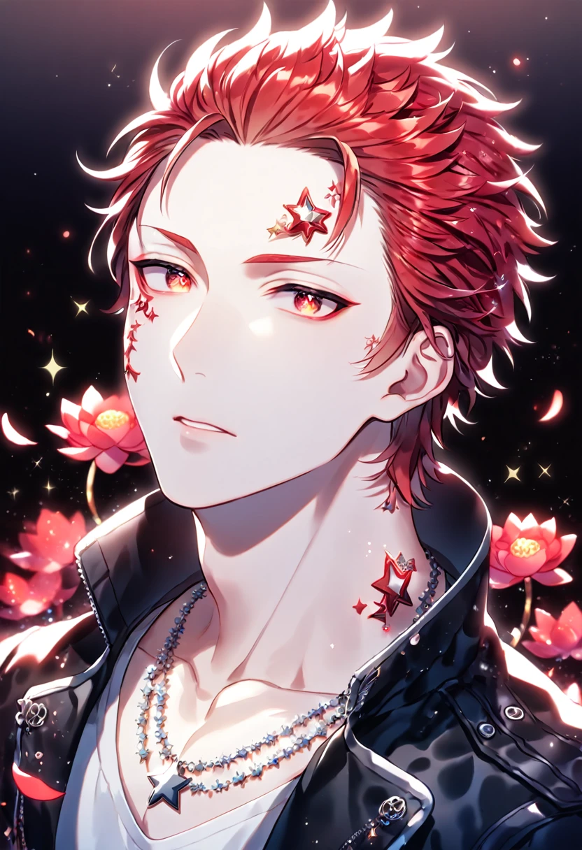 absurdres, highres, ultra detailed, HDR, master piece, best quality, extremely detailed face, delicated features, Suoh Mikoto, red hair, hair is kept short, ruffled, slicked back and spiked, with two strands of hair near the opposite sides of his head falling over his face, expressive amber eyes, K Project, solo, sexy man, handsome, black leather jacket with a white fur collar, a white V-neck shirt underneath, silver star-shaped necklace, magical fantasy, red butterflies, glittering, sparkling, red lotus, petals, radiant, water, red fireflies