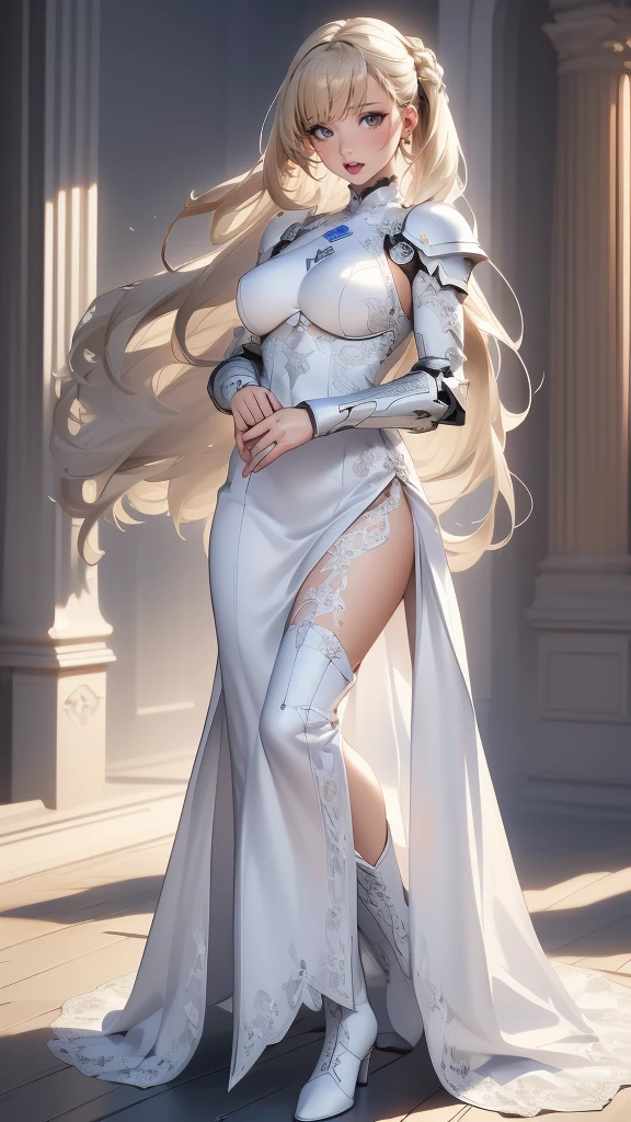 (dynamic fighting pose),(leather boots,(asymmetrical mecha armor),(long embroidered white lace dress,see through,lift up the hem of the dress)),(random hairstyle),(Thin type:1.8),(large breasts),(Highest image quality,(8K), Ultra-realistic, Best Quality, High quality, High Definition, high quality texture, high detailing, Beautiful detailed, fine detailed, extremely details CG, Detailed texture, realistic representation of face, masterpiece, presence)
