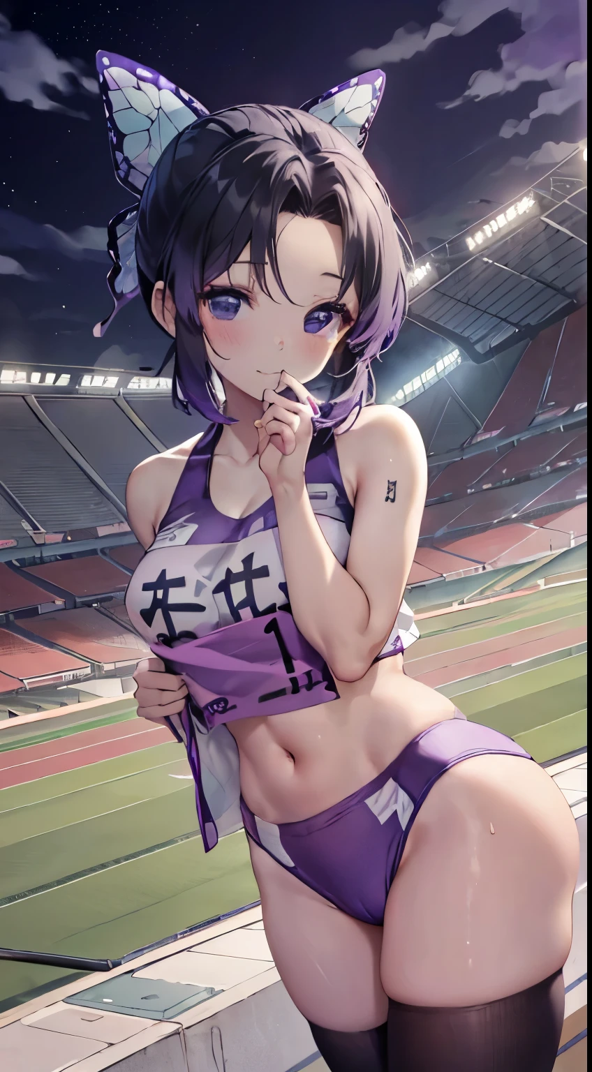 Browsing Caution, Spread your legs, legs up, Holding both legs, Lying on your back, Sweat, Olympic, Olympia,sexy, kochou shinobu, whole body, boost mood, Ultra-realistic 8K CG,masterpiece,Top View,look up, Underbust exposure, ((Highly detailed background,Delicate pattern,Intricate details, Fine and beautiful eyes)),The best quality in the best condition,とてもとてもとても詳細なface,(((Stadium, Arena))),, (((shy))), , , Highly detailed eyesとface,Highly detailed eyes,kochou shinobu,Multicolored Hair,No bangs,Hair Intake,Track and field uniforms, Purple eyes,Haori,butterfly,band,(熱band庭園:1.2),Purple Flower,mostly cloudy null,Tyndall effect,slope_null,face,beautiful null,,Seductive posture,(Cleavage:1.3),(Athletics Costumes:1.6)