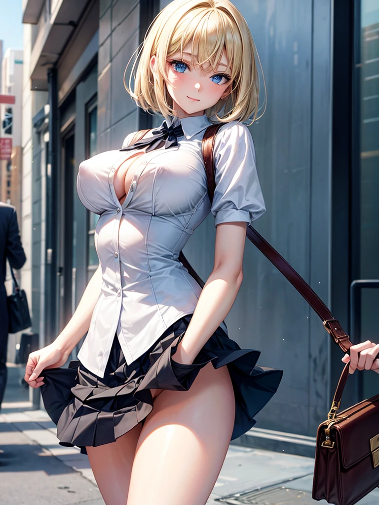 Anime style, super fine illustration, highly detailed, beautiful detailed, pale tone image, static representation, gentle expression, 8k, pretty 1girl with blonde straight short hair & blue eyes & a bright smile & full bust & nipples & soft fair skin is wearing big white business shart & black tight skirt & 1business bag, on the business building street, in the morning, brilliant particles of lights, romantic stories, solo, perfect 5fingers, perfect arms, perfect legs, masterpiece.