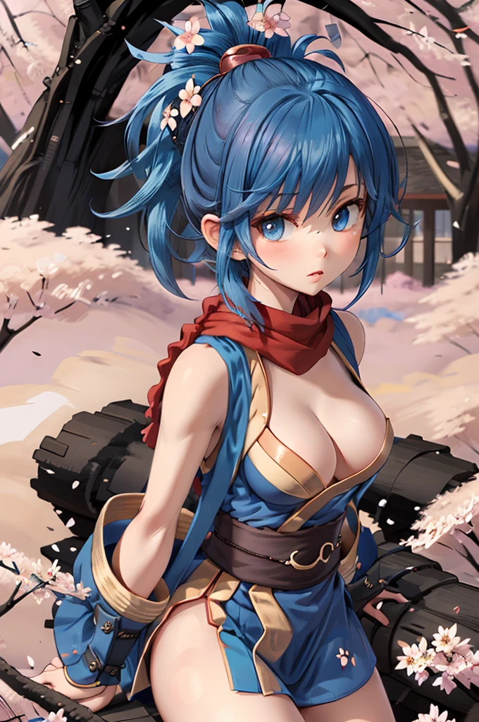 (masterpiece, Highest quality), One girl, Ragnarok_Ninja, Blue clothes, Red scarf, Cherry blossom background, Beautiful breasts、NSFW