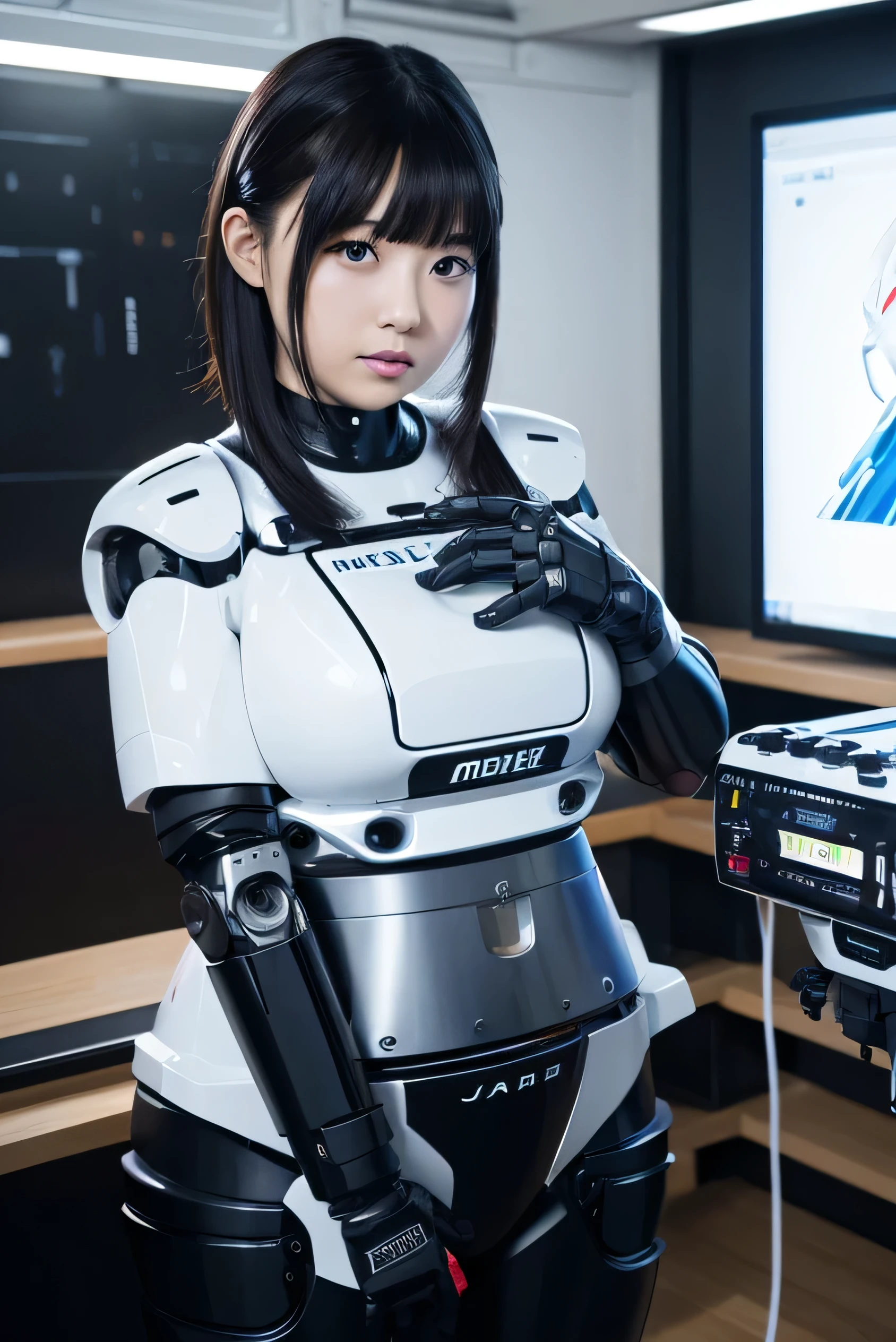 masterpiece, best quality, extremely detailed, Japaese android girl,portrait,Plump,a bit chubby,control panels,android,Droid,Mechanical Hand, Robot arms and legs, Black hair,Blunt bangs,perfect robot girl,long tube,thick cable connected her neck,android,robot,humanoid,cyborg,japanese cyborg girl ,robot-assembly plant,She is assembling now,assembly scene,camera eyes,chest monitor