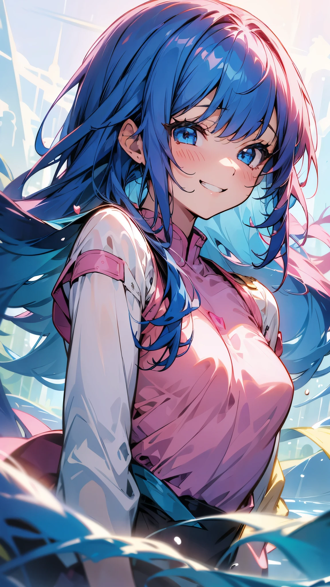 1 girl、Pink Hair、Beautiful Anime Girls、Small breasts、Long Hair、bangs、Blue Hair、Bright Blue Eyes、profile、Upper body close-up、Grin