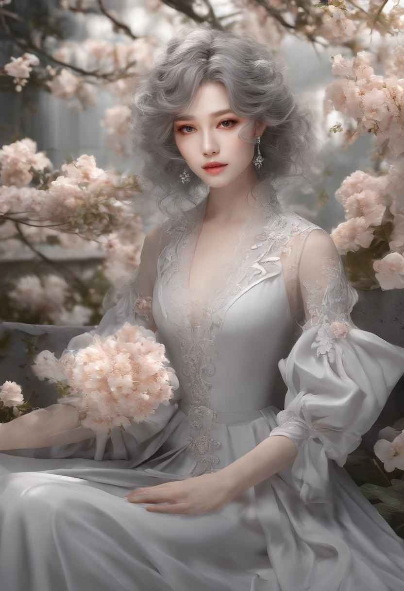 Medium display, Medium Shot, Depth of written boundary, Head to Toe, Full body portrait, Movie angle, masterpiece, Highest quality, Very detailed, CG, 8k wallpaper, Beautiful Face, Delicate eyes, Ash grey hair color, alone, smile, bangs, Early summer outfit, Have, dress, Many petals fluttering down, bouquet