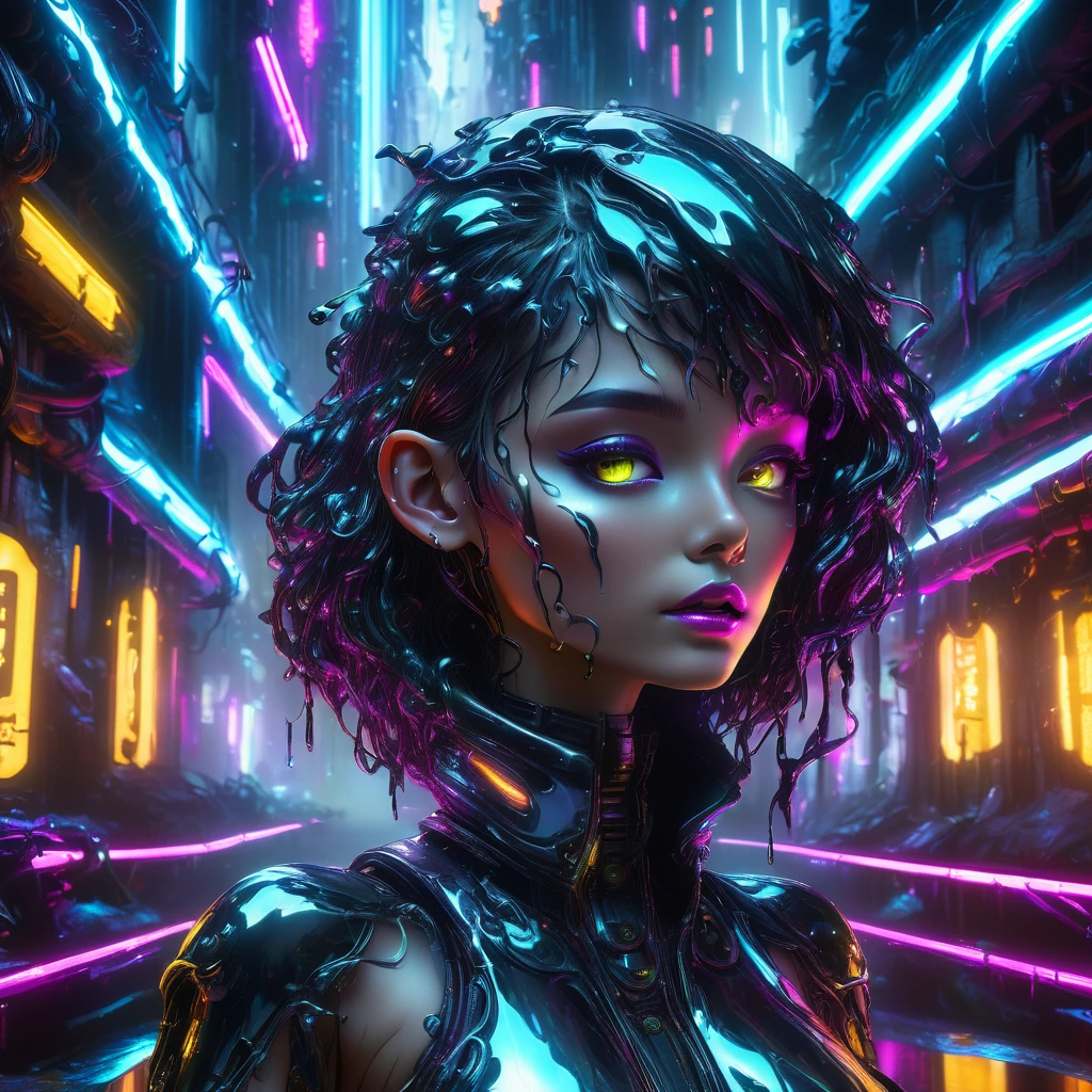  1 Metal Slime、liquid metal、Detailed metal face、Beautiful metal eyes、Detailed metal lips、Beautifully detailed metal woman、Melting Body、Gorgeous futuristic dungeon environments、Shining neon lights、Very detailed、8k、Photorealistic、Dramatic lighting、Cinematic composition、Bright colors、Dark and gloomy atmosphere、Techno-Organic、sf、cyber punk