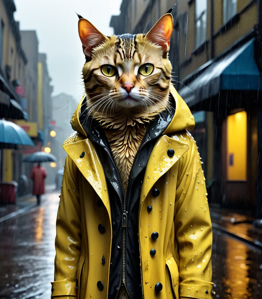 photorealistic portrait of dressed animals - a ((Skinny)) ((cat)) ((yellow) high quality,(sad),(dirty),intricate details, (the heavy rain wets him), Very detailed ((very torn coat)), soft lighting,(full body image:1.5),rainy street background,(seen from below:2.0),