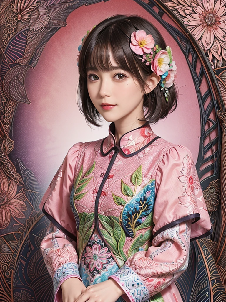 (Ultra detailed backgrounds、detailedbackground)、absurderes、Hi-Res、ultra-detailliert、ighly detailed、1womanl、(Floral clothing)、(Zentangle:1.2)、(fractals:1.2)、(colourfull)、(A dark-haired、Very - Shorthair:1.3)、A slight smil