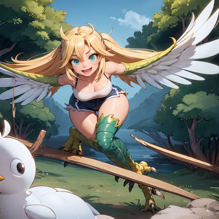 1 female, woman alone, harpy, green wings,azul e amarelo , beautiful detailed wings, bird legs, sharp black claws, skin tanned, seductive appearance, Fine body,  Body height, shoulder length green and yellow hair, shining blue eyes, work of art, excellent details,Sports shorts, inside about a rainforest forest, Happy expression on face, very detailled,silky dark brown hair.