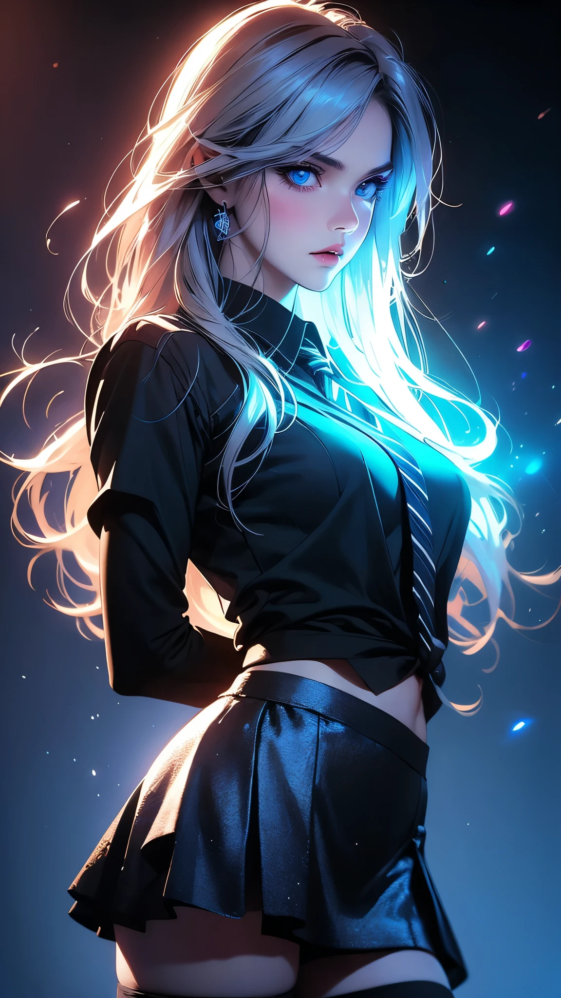 hyperrealistic characters, neon outline effect, neon paint shading effect, bright colors, magical special effects, digital watercolor effect, air flow visualization effect, 1girl, black shirt, white tie, translucent round sunglasses, gothic soft makeup, long silky hair, beautiful blue eyes, black mini skirt, stockings, posing, fighting pose, casting a spell, reading a spell, (best quality,4k,8k,highres,masterpiece:1.2),ultra-detailed,(realistic,photorealistic,photo-realistic:1.37),vivid colors,studio lighting,extreme detail description,professional