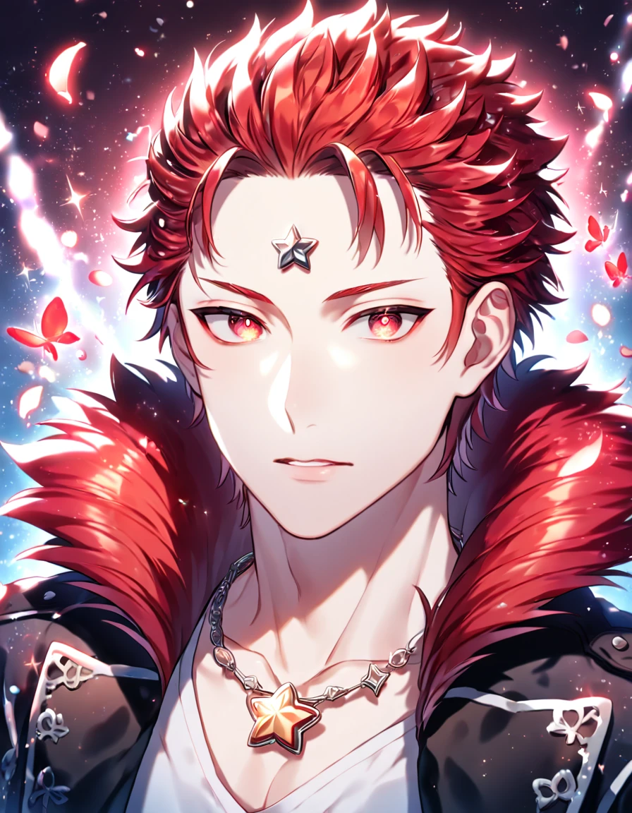 absurdres, highres, ultra detailed, HDR, master piece, best quality, extremely detailed face, delicated features, Suoh Mikoto, red hair, hair is kept short, ruffled, slicked back and spiked, with two strands of hair near the opposite sides of his head falling over his forehead, expressive amber eyes, K Project, solo, sexy man, handsome, black leather jacket with a fur collar, a white V-neck shirt underneath, silver star-shaped necklace, magical fantasy, red butterflies, glittering, sparkling, red lotus, petals, radiant, water, red fireflies