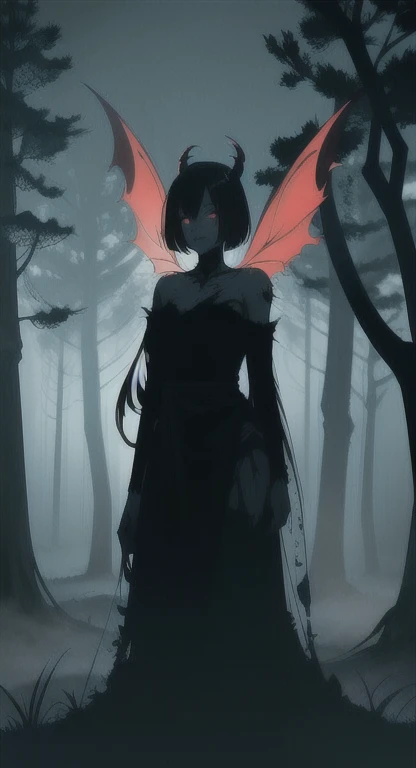 Foggy Forest, ancient female creature, demonic silhouette, fairy shadow figure, red eyes, eyes in the fog, rotting, looking dead, torn wings,