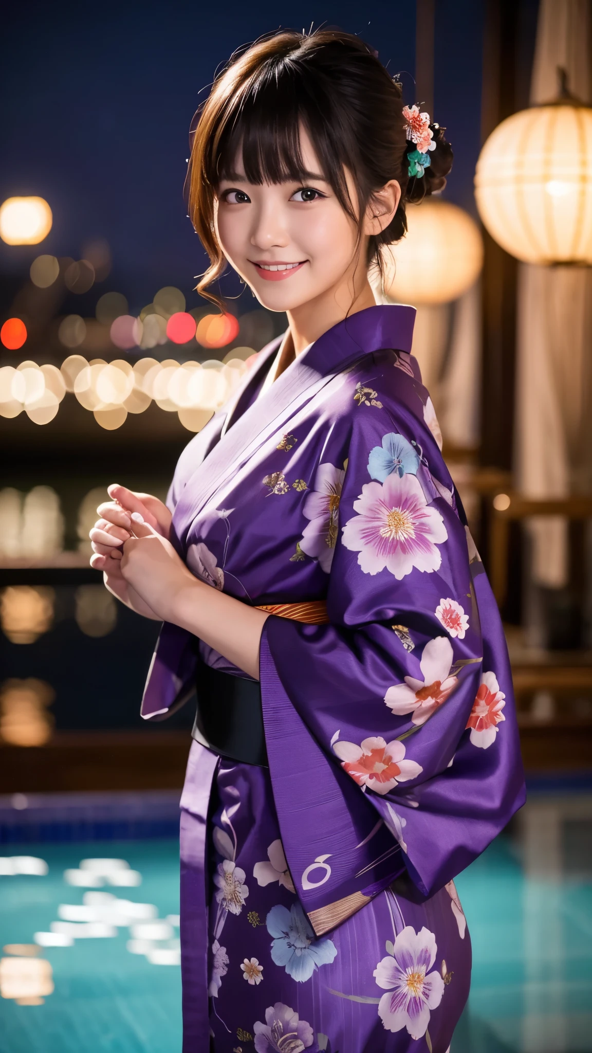 night、A glamorous atmosphere、firework、Matte fabric、Purple large floral pattern yukata、Cotton kimono、stylish (night景、night、smile)、night空、bangs、No makeup、(masterpiece、8k,RAW Photos、High resolution:1.4)、girl'Her calm expression is、Emphasized by the soft look..。 Canon EOS R6 Mark II and Sigma 50mm f/2.Used in combination with 8/1.4 DG HSM Art Lens、シーンのあらゆるニュアンスがHigh resolutionでキャプチャされます。