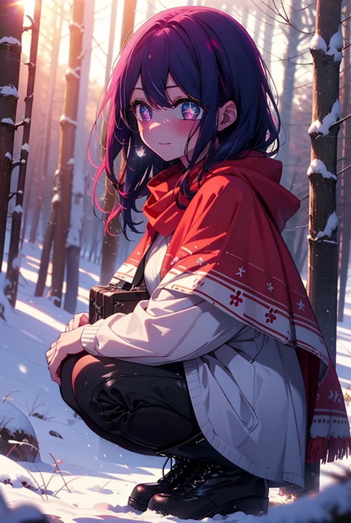 aihoshino, Ai Hoshino, Long Hair, bangs, (Purple eyes:1.1), Purple Hair, (Symbol-shaped pupil:1.5), smile,,smile,blush,white breath,
Open your mouth,snow,Ground bonfire, Outdoor, boots, snowing, From the side, wood, suitcase, Cape, Blurred, , forest, White handbag, nature, Squat, Mouth closed, Cape, winter, Written boundary depth, Black shoes, red Cape break looking at viewer, Upper Body, whole body, break Outdoor, forest, nature, break (masterpiece:1.2), Highest quality, High resolution, unity 8k wallpaper, (shape:0.8), (Beautiful and beautiful eyes:1.6), Highly detailed face, Perfect lighting, Highly detailed CG, (Perfect hands, Perfect Anatomy),