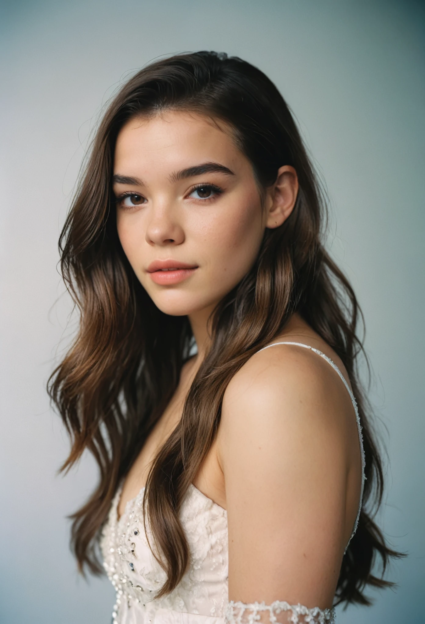 Photoshoot, Photo studio, raw photo, hailee steinfeld, Photography editorial, Photography de archivo de película, cinematographic, Posing, Photo amateur, Andalog, raw, F2, 35mm, And (Photo amateur), flash Photography, taken on And old camera, polaroid, 8k, Very detailed, (high quality, Best Quality:1.3), Extremely high resolution, film grain, Kiki from NetherlAndds, long (waist length:1.2) hairstyle brown hair, ((macro lens)), dark atmosphere, ((Focused on the eyes)), feminine expressions, Photography, DSLR, 35mm, Fujifilm Superia Premium 400, Nikon D850 Photography de archivo de película, Kodak Portra 400 F1.6 lenses, 8k, HD