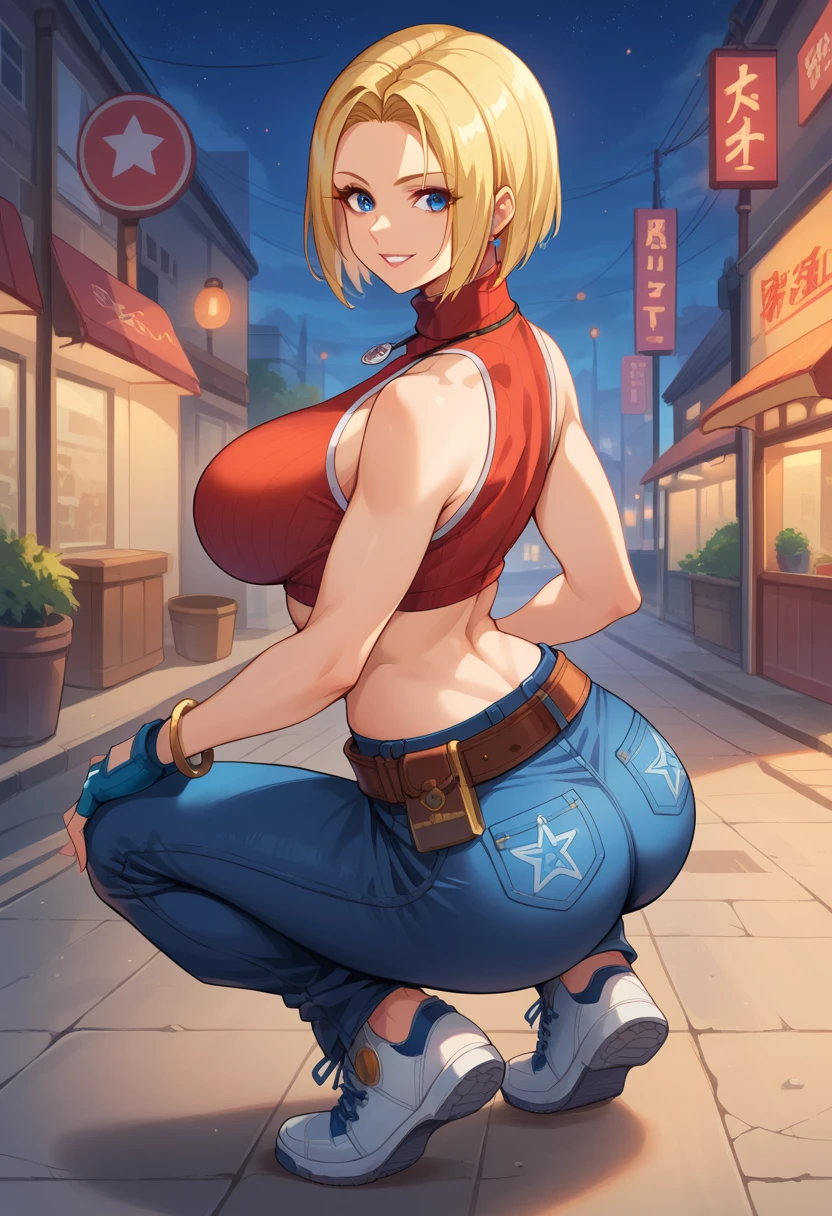 score_9, score_8_up, score_7_up, 1girl, solo, BlueMary, short hair, blue eyes,pants, crop top, turtleneck, belt, large breasts, necklace,fingerless gloves, standing, star on pant, standing, squatting, ass, looking at you, flirtatious smile, night, street, illimunated city, from behind
