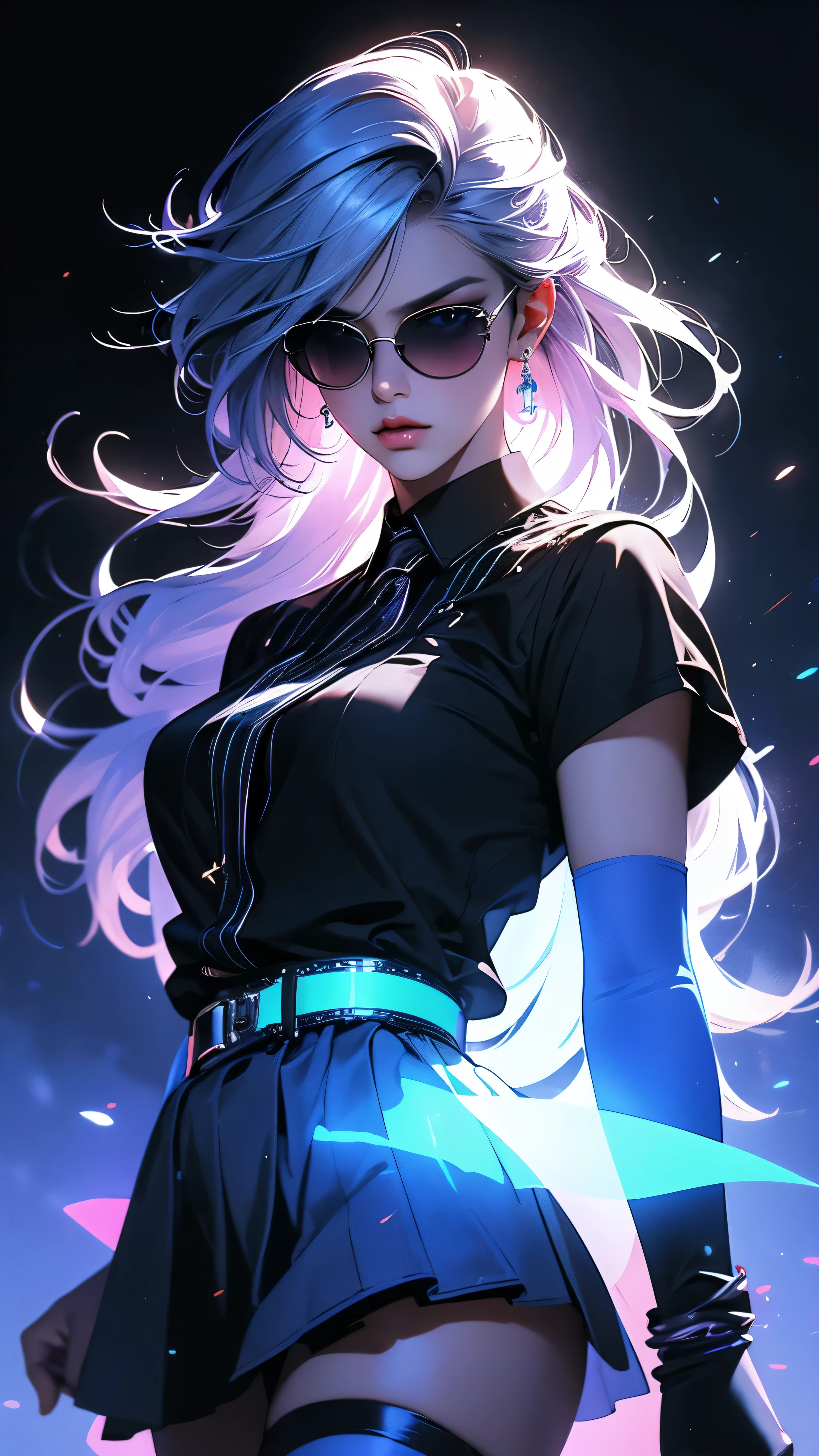 hyperrealistic characters, neon outline effect, neon paint shading effect, bright colors, magical special effects, digital watercolor effect, air flow visualization effect, 1girl, black shirt, white tie, translucent round sunglasses, gothic soft makeup, long silky hair, beautiful blue eyes, black mini skirt, stockings, posing, fighting pose, casting a spell, reading a spell, (best quality,4k,8k,highres,masterpiece:1.2),ultra-detailed,(realistic,photorealistic,photo-realistic:1.37),vivid colors,studio lighting,extreme detail description,professional