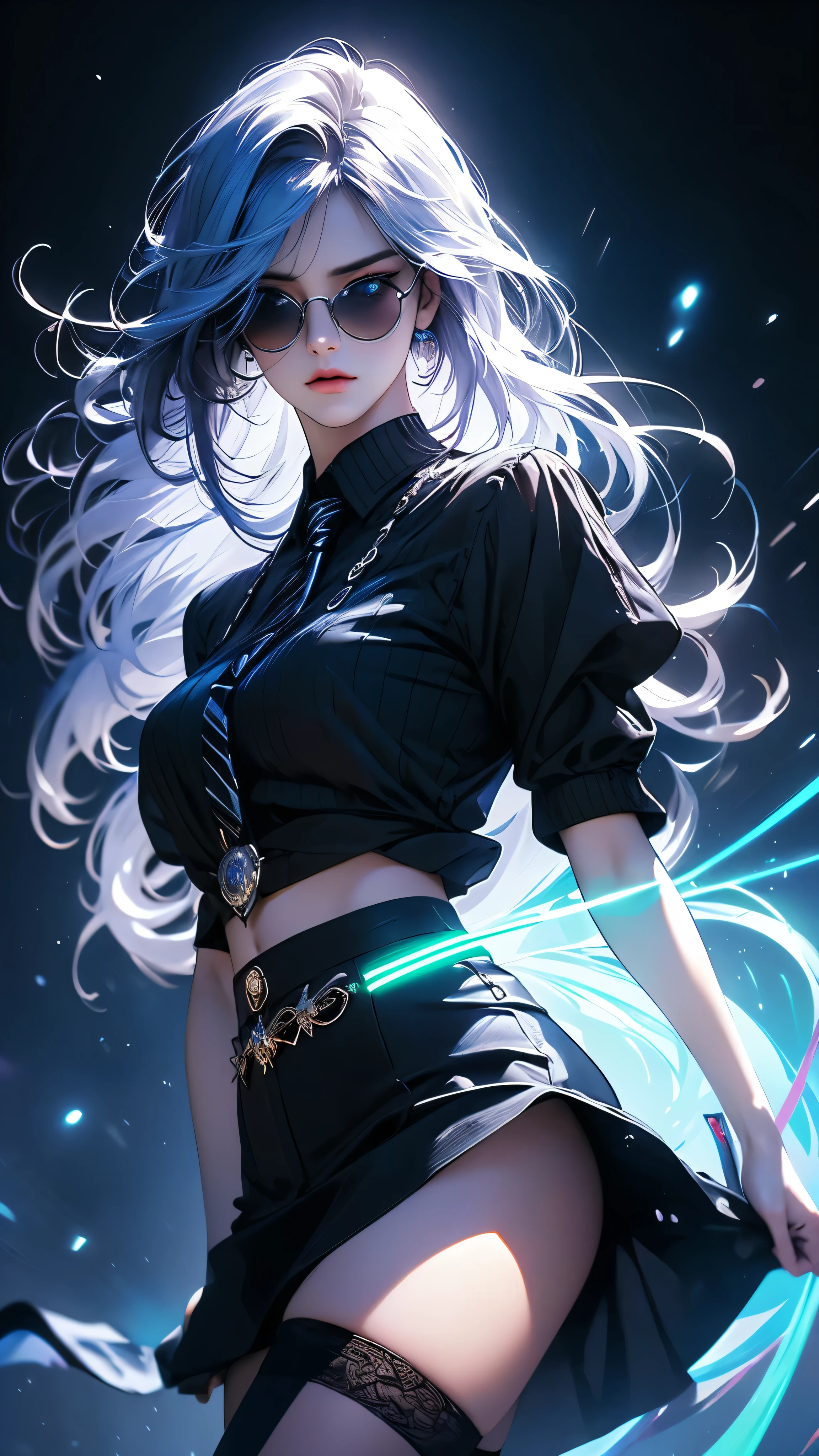 hyperrealistic characters, neon outline effect, neon paint shading effect, bright colors, magical special effects, digital watercolor effect, air flow visualization effect, 1girl, black shirt, white tie, translucent round sunglasses, gothic soft makeup, long silky hair, beautiful blue eyes, black mini skirt, stockings, posing, fighting pose, casting a spell, reading a spell, (best quality,4k,8k,highres,masterpiece:1.2),ultra-detailed,(realistic,photorealistic,photo-realistic:1.37),vivid colors,studio lighting,extreme detail description,professional