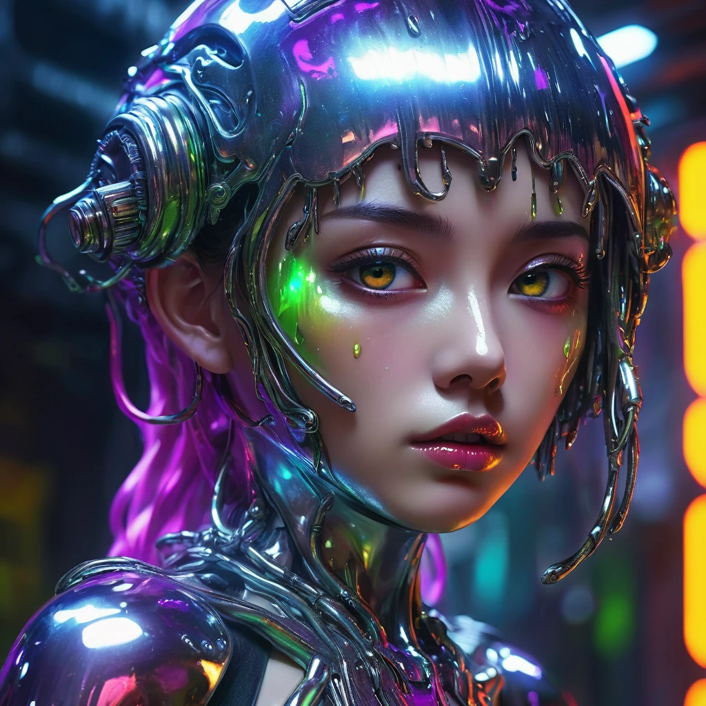  1 Metal Slime、liquid metal、Detailed metal face、Beautiful metal eyes、Detailed metal lips、Beautifully detailed metal woman、Melting Body、Gorgeous futuristic dungeon environments、Shining neon lights、Very detailed、8k、Photorealistic、Dramatic lighting、Cinematic composition、Bright colors、Dark and gloomy atmosphere、Techno-Organic、sf、cyber punk