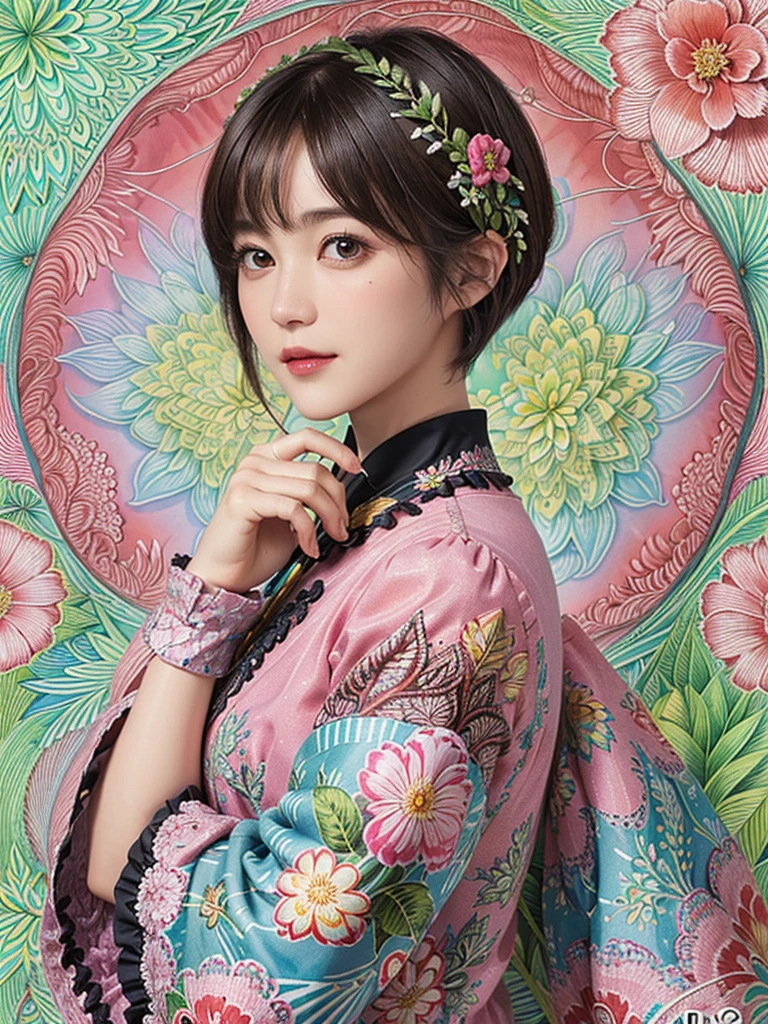 (Ultra detailed backgrounds、detailedbackground)、absurderes、Hi-Res、ultra-detailliert、ighly detailed、1womanl、(Floral clothing)、(Zentangle:1.2)、(fractals:1.2)、(colourfull)、(A dark-haired、Very - Shorthair:1.3)、A slight smil
