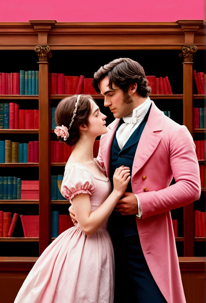 Illustration of a couple in a library, victorious style, pride and prejudice, couple in love, red and pink , book cover 