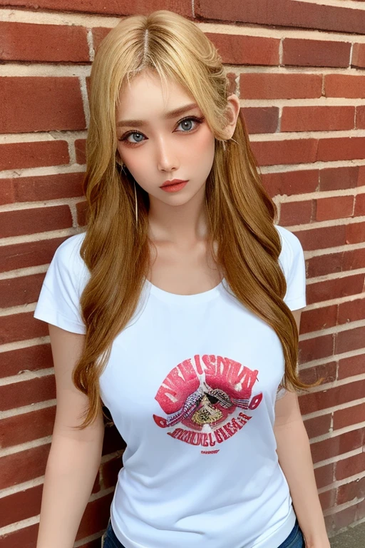 (One Girl),large chest, chest, Sunburn, Fresh Skin, Sweaty skin, Wavy blonde hair, Punk T-shirt, Punk Girl