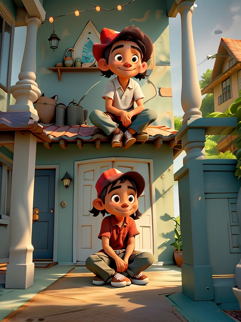 A 30-year-old Indonesian man, oval face, smiling lips, long hair wearing a red hat, sitting alone on a chair on the front porch of the house, both legs straight on the table, 2/3 body position slightly tilted while looking at the beautiful shining stars. the dim light of the porch lamp, the house and front porch are simple not luxurious, even the shabby leather chair looks torn, both hands holding a cup of warm coffee that looks like hot coffee smoke billowing. the dark night atmosphere is only lit by the lights shining around the porch of the house,