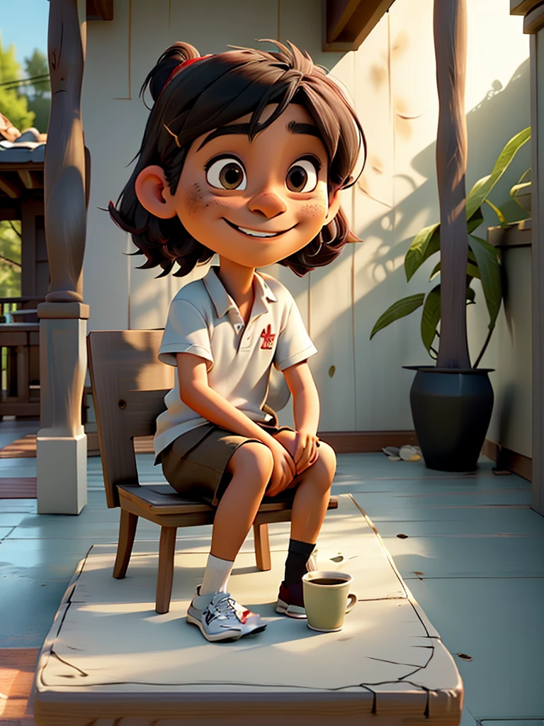 A 30-year-old Indonesian man, oval face, smiling lips, long hair wearing a red hat, sitting alone on a chair on the front porch of the house, both legs straight on the table, 2/3 body position slightly tilted while looking at the beautiful shining stars. the dim light of the porch lamp, the house and front porch are simple not luxurious, even the shabby leather chair looks torn, both hands holding a cup of warm coffee that looks like hot coffee smoke billowing. the dark night atmosphere is only lit by the lights shining around the porch of the house,