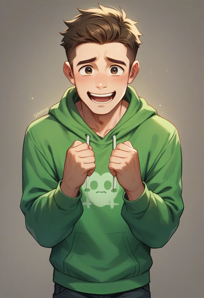 A 3D full-body model of a young boy, Front view, look sad, on a greenscreen background.
Bold, happy, excited, happiness, handsome