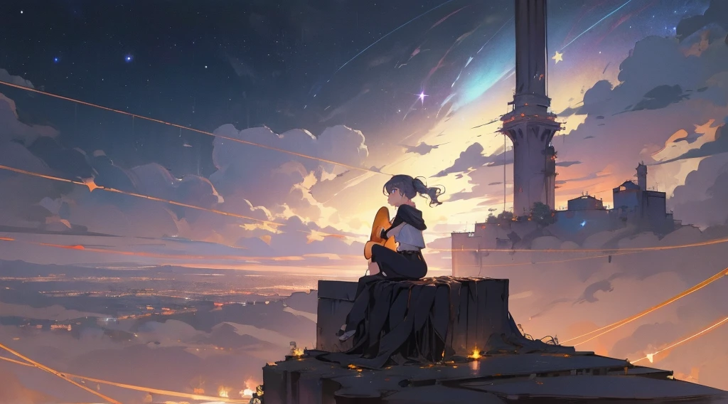 masterpiece,night,(dark alley),star、Night Sky、Overlooking the city、milky way、Back view、octone、
(1 girl), (solo), Knee hugging sitting,acousticguitar